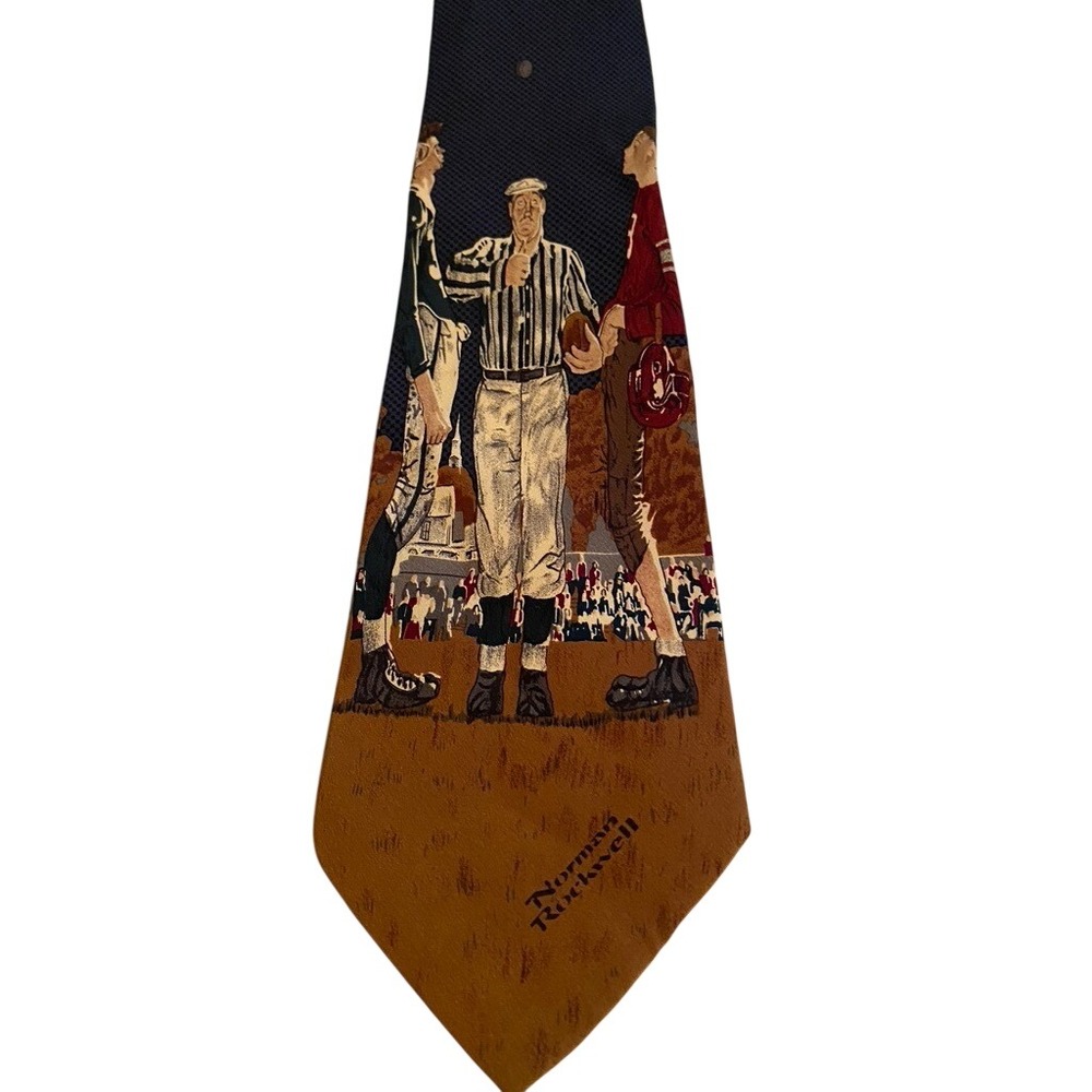Norman Rockwell Mens Silk Tie Saturday Evening Post Vintage Football Brown Blue
